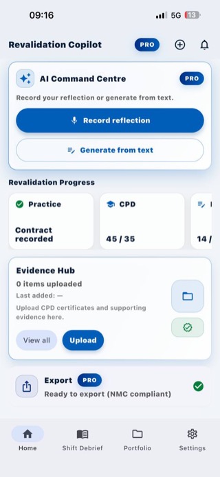 Revalidation Copilot dashboard showing CPD progress, feedback count, and reflective accounts