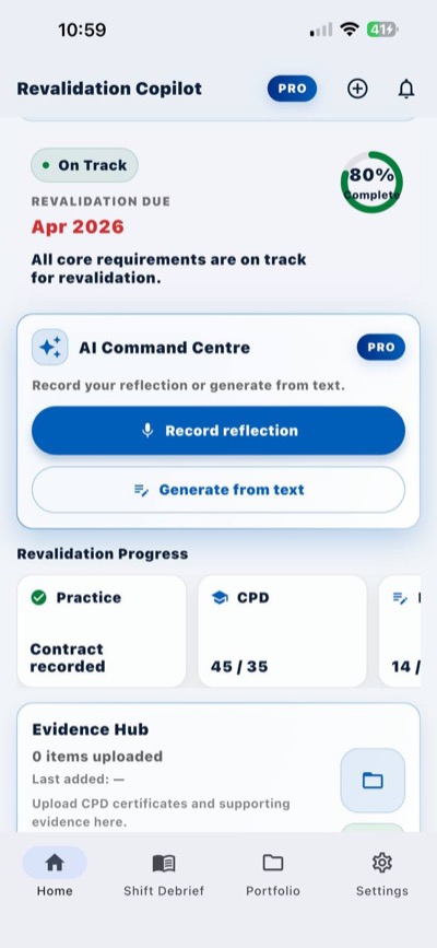 Revalidation Copilot AI Command Centre — record reflection or generate from text