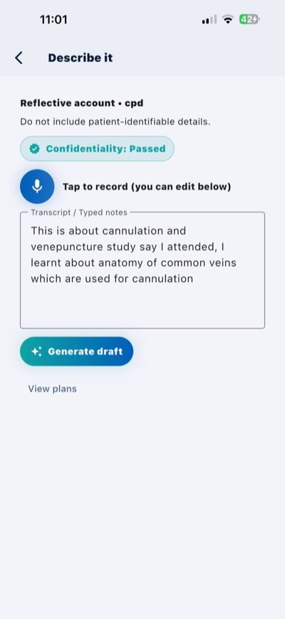 Recording a reflective account by voice in Revalidation Copilot