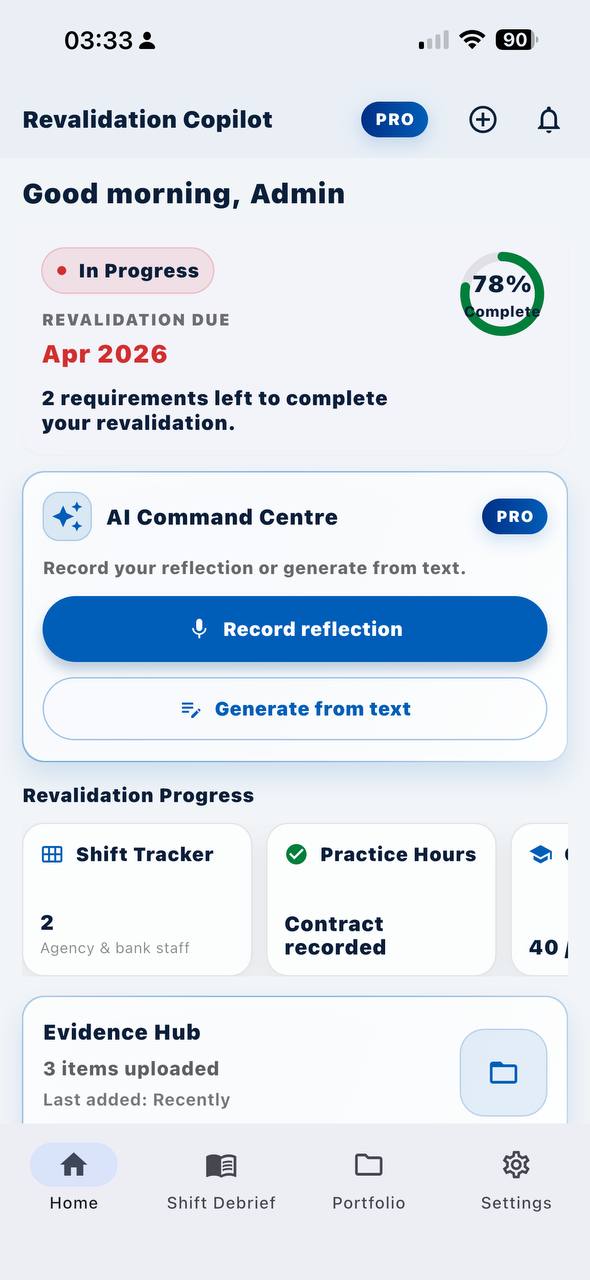 Revalidation Copilot dashboard showing CPD progress, AI command centre, and shift tracking
