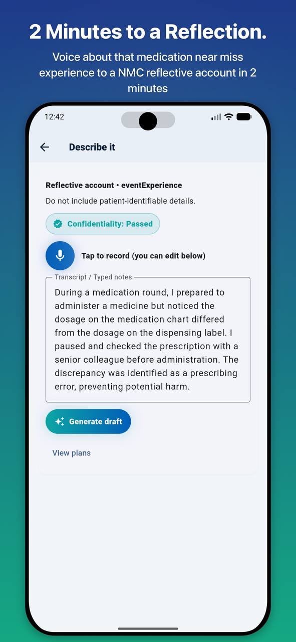 Voice-to-reflection feature with confidentiality check passed and generate draft button